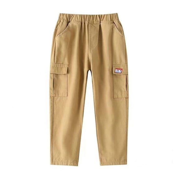 Eltusu Boys Cargo Pants, Multi-Pockets Relaxed Fit Elastic Waist Cotton Athletic Pants Khaki Size 12-13 T