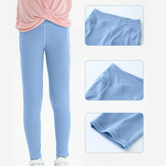 Eltusu Girls Leggings with pockets, Stretch Solid Color Casual Elastic Waist Girls Pants Blue Size 8-9 T