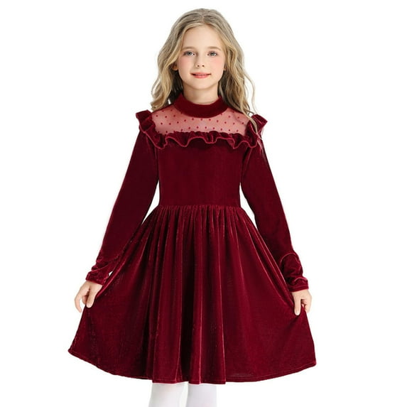 Eltusu Girls Long Sleeve Dress, Crewneck Performance Party Warm Kids Clothes Wine Size 7-8 T