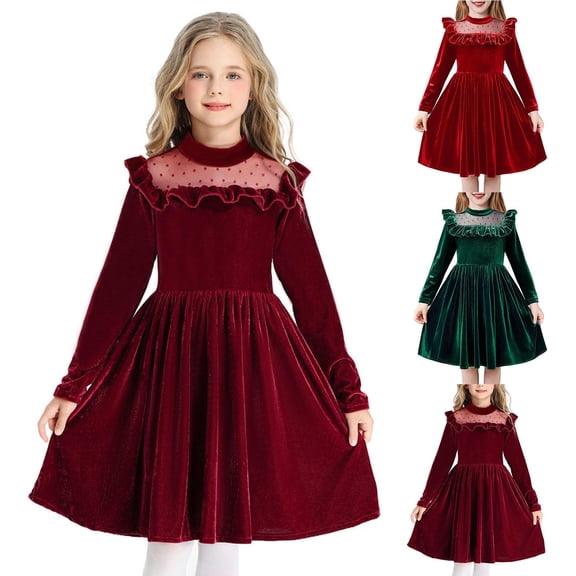Eltusu Girls Long Sleeve Dress, Warm Party Performance Crewneck Kids Clothes Red Size 7-8 T