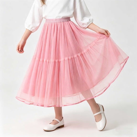 Eltusu Girls Mesh Skirts, Princess Tutu Elastic Waist Performance Maxi Skirts Pink Size 11-12 T