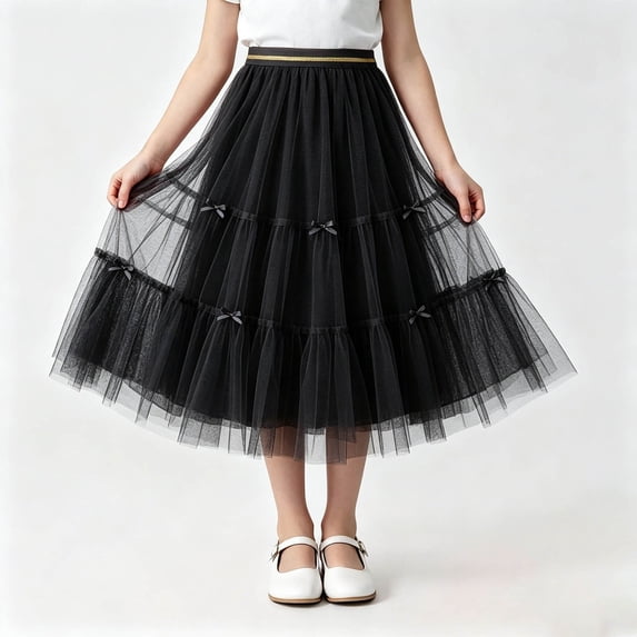 Eltusu Girls Mesh Skirts, Tutu Elastic Waist Princess Bow Maxi Skirts Black Size 12-13 T