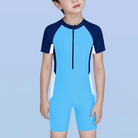 Eltusu Girls One-Piece Swimsuit, Crew Neck Casual Short Sleeve Summer Kids Bathing Swimwear Blue Size 12-16 T