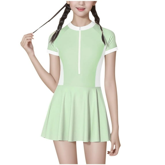 Eltusu Girls One-Piece Swimsuit, Crew Neck Short Sleeve Summer Pleated Kids Bathing Swimwear Green Size 11-12 T