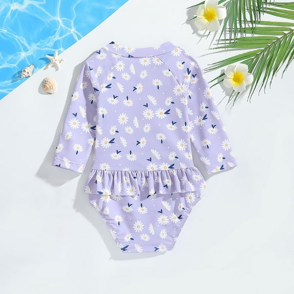 Eltusu Girls One-Piece Swimsuit, Long Sleeve Comfort Crew Neck Quick Dry Rashguard Suit Purple Size 5 T