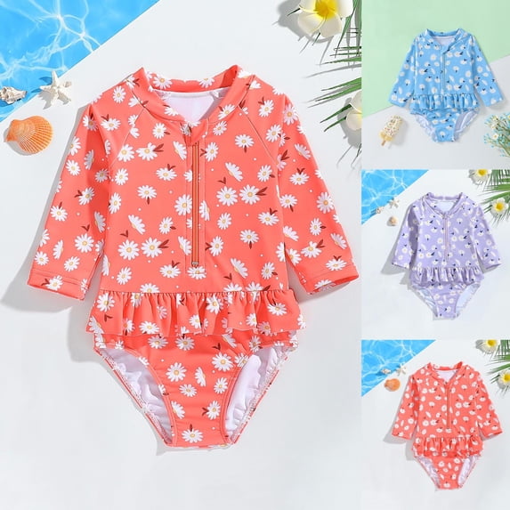 Eltusu Girls One-Piece Swimsuit, Quick Dry Comfort Crew Neck Long Sleeve Rashguard Suit Orange Size 2-6 T