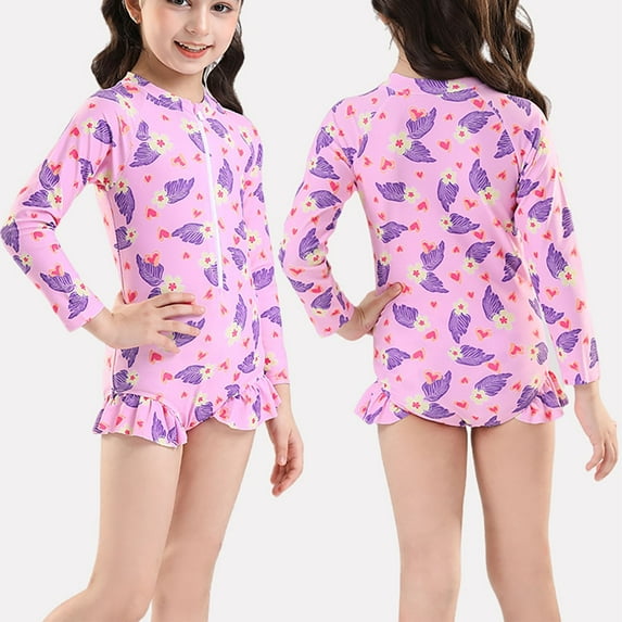 Eltusu Girls One-Piece Swimsuit, Quick Dry Crewneck Breathable Long Sleeve Rashguard Suit Pink Size 6-10 T