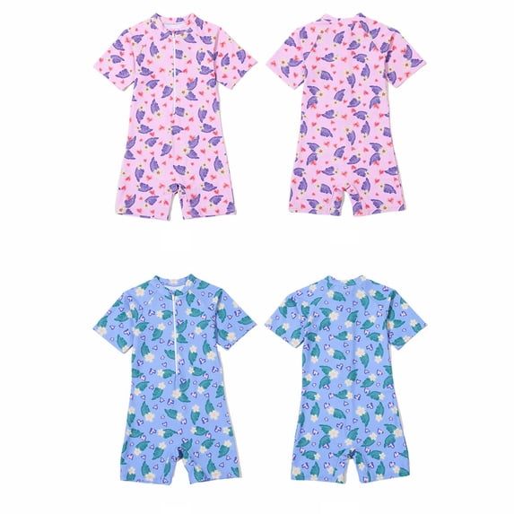 Eltusu Girls One-Piece Swimsuit, Summer Printed Short Sleeve Crew Neck Kids Bathing Swimwear Pink Size 6-12 T