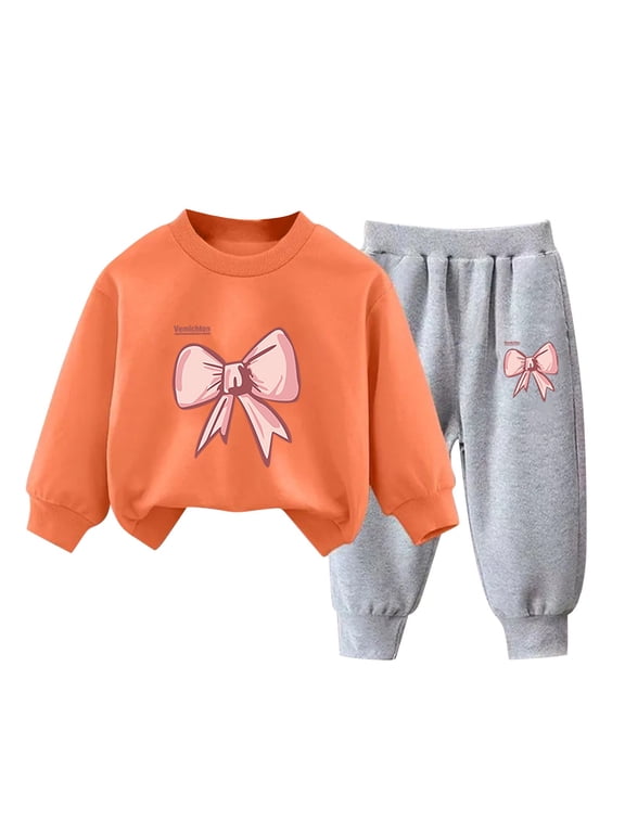 Girls Outfit Sets 2 Pieces, Long Sleeve Pullover Printed Girls Clothing Sets Orange Size 6 T