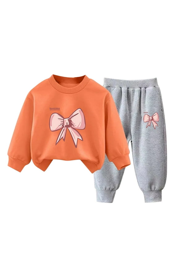 Girls Outfit Sets 2 Pieces, Long Sleeve Pullover Printed Girls Clothing Sets Orange Size 6 T