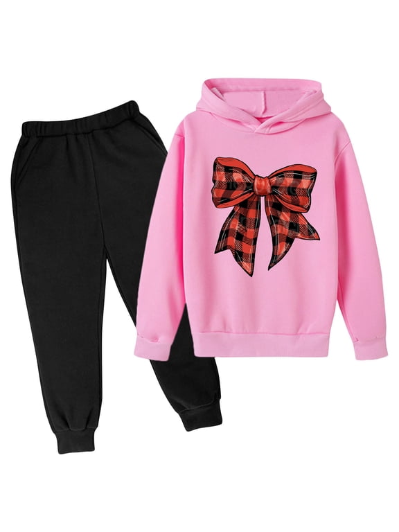 Girls Outfit Sets 2 Pieces, Pullover Elastic Bottom Long Sleeve Hoodies and Sweatpants Set Pink Size 10-12 T