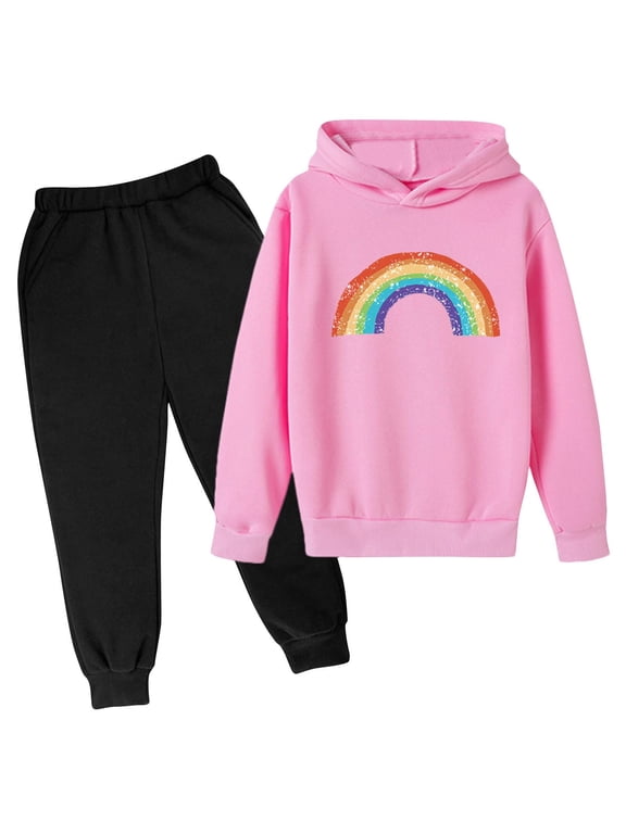 Girls Outfit Sets 2 Pieces, Pullover Long Sleeve Casual Hoodies and Sweatpants Set Pink Size 6 T