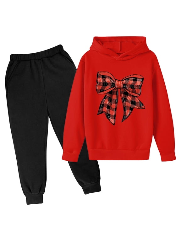 Girls Outfit Sets 2 Pieces, Pullover Long Sleeve Elastic Bottom Hoodies and Sweatpants Set Red Size 11-12 T