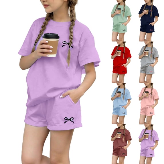 Eltusu Girls Outfit Sets 2 Pieces, Running Short Sleeve Elastic Waist Summer Clothing Sets Purple Size 3-14T