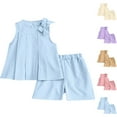 thumbnail image 1 of Eltusu Girls Outfit Sets, Bow Sleeveless Elastic Waistband Summer Tops and Shorts Set Light Blue Size 2-8 T, 1 of 6