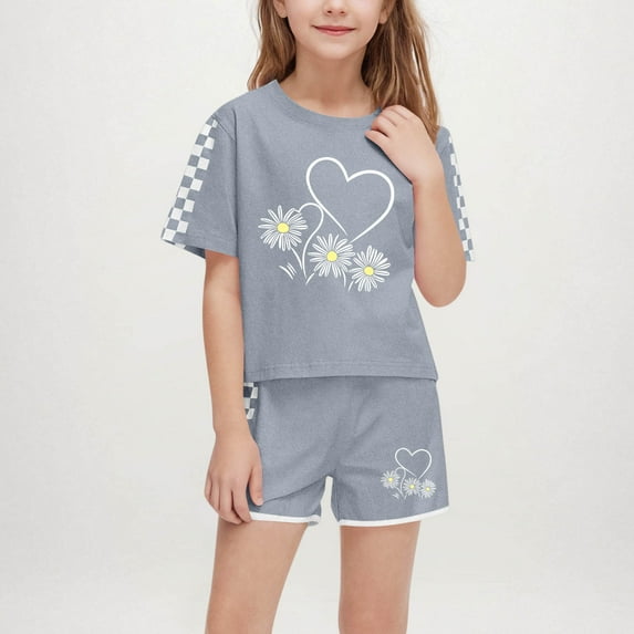 Eltusu Girls Outfit Sets, Breathable Short Sleeve Crew Neck T-Shirts & Shorts Sets Gray Size 10-12 T
