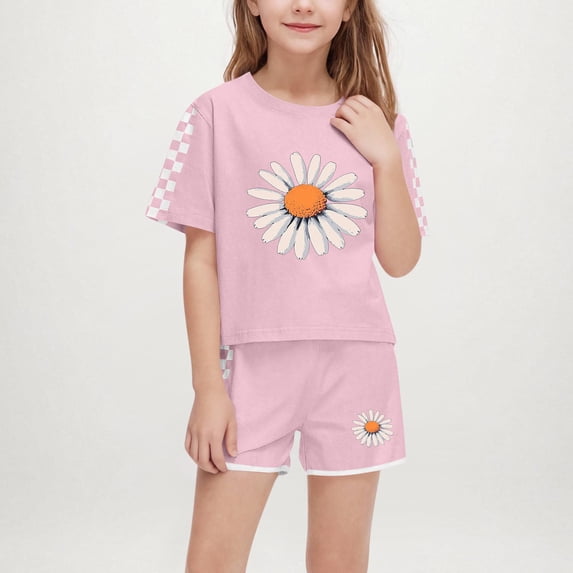 Eltusu Girls Outfit Sets, Casual Crew Neck Short Sleeve T-Shirts & Shorts Sets Pink Size 5-14 T