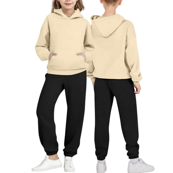 Eltusu Girls Outfit Sets, Casual Relaxed Fit 2 Pieces Long Sleeve Hoodies and Sweatpants Khaki Size 4-5 T