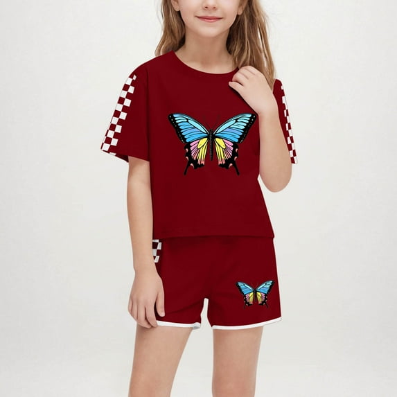 Eltusu Girls Outfit Sets, Crew Neck Graphic Short Sleeve T-Shirts & Shorts Sets Wine Size 7-8 T