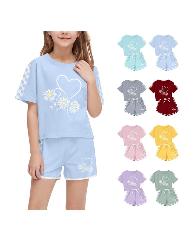 Girls Outfit Sets, Crew Neck Short Sleeve Breathable T-Shirts & Shorts Sets Sky Blue Size 10-12 T