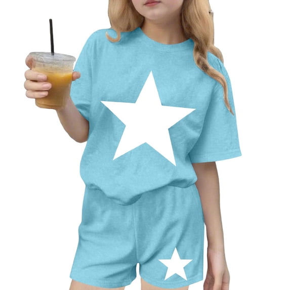 Eltusu Girls Outfit Sets, Crew Neck Short Sleeve Casual 2PC Summer Clothes Sets Blue Size 5-6T