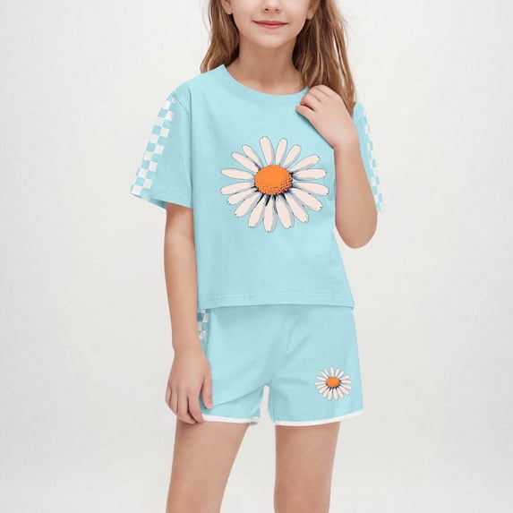 Eltusu Girls Outfit Sets, Crew Neck Short Sleeve Casual T-Shirts & Shorts Sets Green Size 9-10 T
