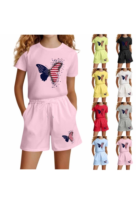 Girls Outfit Sets, Crewneck Short Sleeve Graphic 2PC T-Shirts and Shorts Sets Pink Size 10-12 T