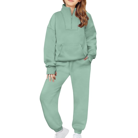 Eltusu Girls Outfit Sets, Elastic Bottom Long Sleeve Zipper Sweatshirts&Sweatpants Sets Green Size 5-6 T