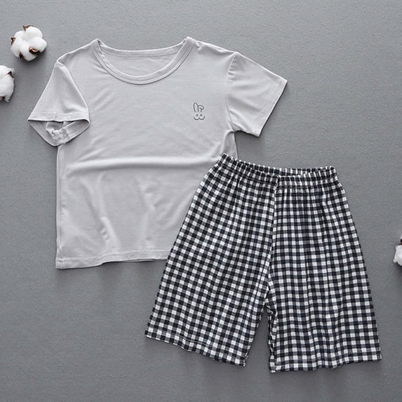 Eltusu Girls Outfit Sets, Elastic Waist Short Sleeve Plaid T-Shirts & Shorts Sets Gray Size 3-4 T