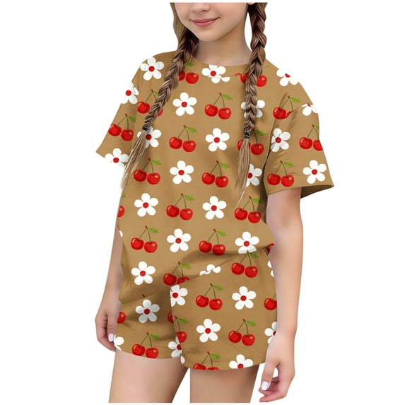 Eltusu Girls Outfit Sets, Elastic Waistband Printed 2PC Short Sleeve Summer Clothes Sets Brown Size 7-8 T