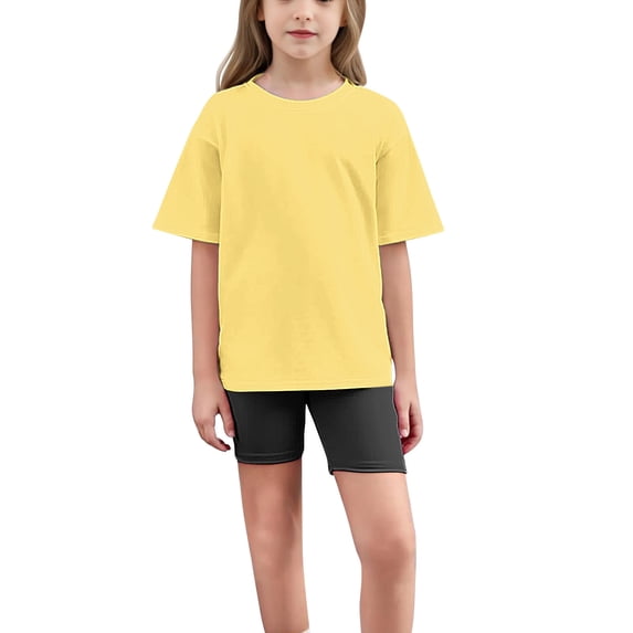 Eltusu Girls Outfit Sets, Loose Fit Crewneck Short Sleeve T-Shirts & Shorts Sets Yellow Size 12-13 T