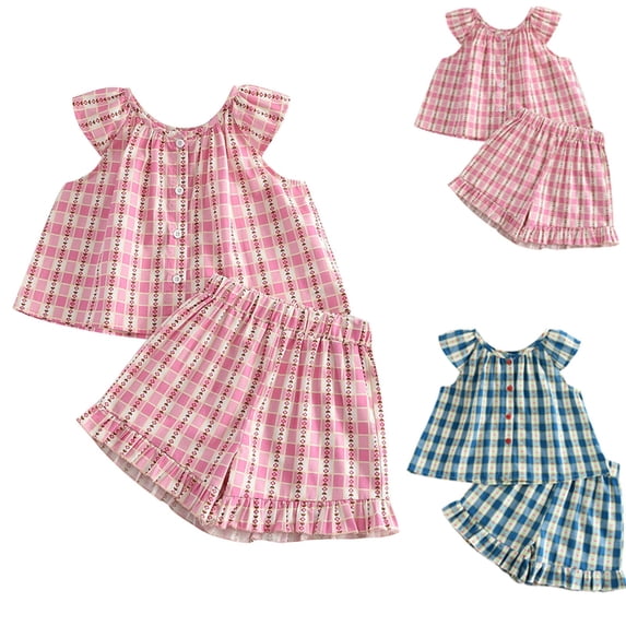 Eltusu Girls Outfit Sets, Plaid Sleeveless Elastic Waist Summer Tops and Shorts Set Pink Size 2-3 T