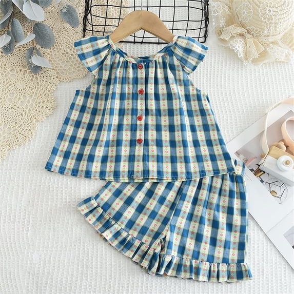 Eltusu Girls Outfit Sets, Plaid Sleeveless Elastic Waist Summer Tops and Shorts Set Sky Blue Size 1-2 T