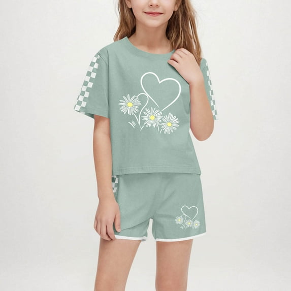 Eltusu Girls Outfit Sets, Short Sleeve Breathable Crew Neck T-Shirts & Shorts Sets Army Green Size 7-8 T
