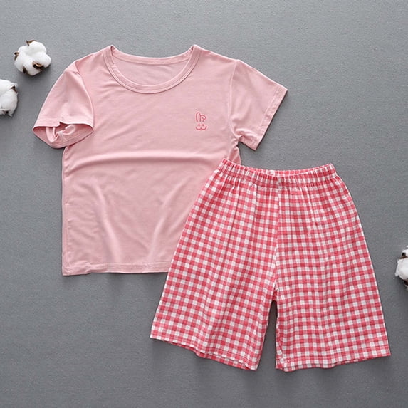 Eltusu Girls Outfit Sets, Short Sleeve Plaid Elastic Waist T-Shirts & Shorts Sets Red Size 1-15 T