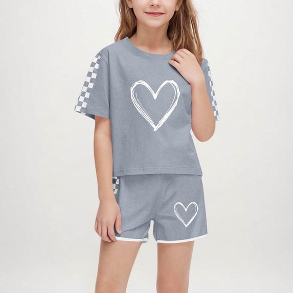 Eltusu Girls Outfit Sets, Short Sleeve Summer Elastic Waistband T-Shirts & Shorts Sets Gray Size 5-6 T