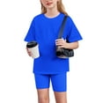 thumbnail image 1 of Eltusu Girls Outfit Sets, Solid Color Crewneck Short Sleeve T-Shirts & Shorts Sets Blue Size 8-9 T, 1 of 6