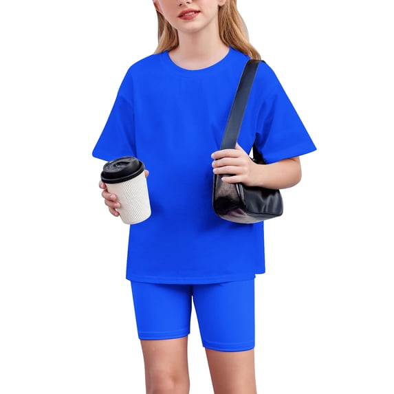 Eltusu Girls Outfit Sets, Solid Color Crewneck Short Sleeve T-Shirts & Shorts Sets Blue Size 8-9 T