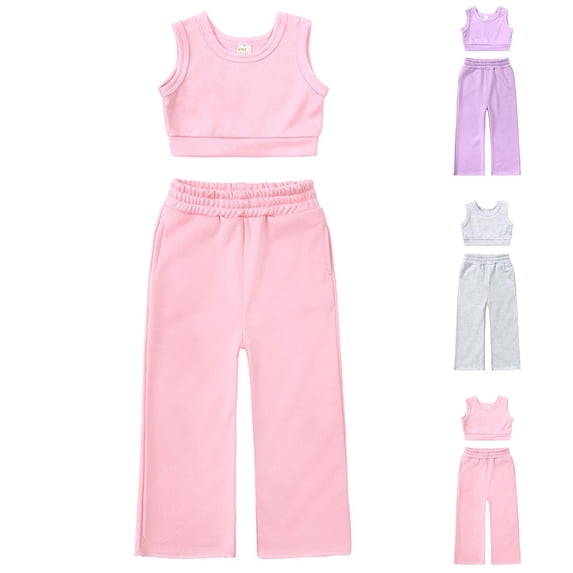 Eltusu Girls Outfit Sets, Solid Color Elastic Waistband Sleeveless Tops with Pants Sets Pink Size 7 T