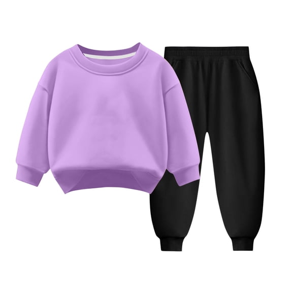 Eltusu Girls Outfit Sets, Solid Color Two Pieces Long Sleeve Sweatshirts & Sweatpants Set Purple Size 8 T