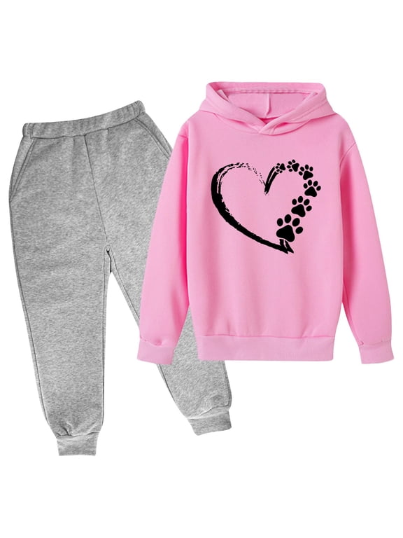 Girls Outfit Sets Two Pieces, Long Sleeve Graphic Pullover Hoodies and Sweatpants Set Pink Size 6 T