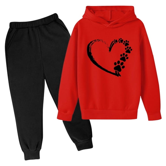 Eltusu Girls Outfit Sets Two Pieces, Pullover Graphic Long Sleeve Hoodies and Sweatpants Set Red Size 7-8 T