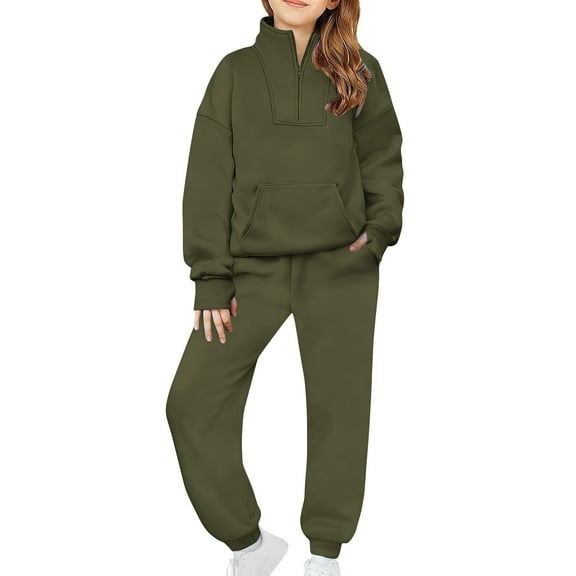 Eltusu Girls Outfit Sets, Zipper Elastic Bottom Long Sleeve Sweatshirts&Sweatpants Sets Army Green Size 5-6 T