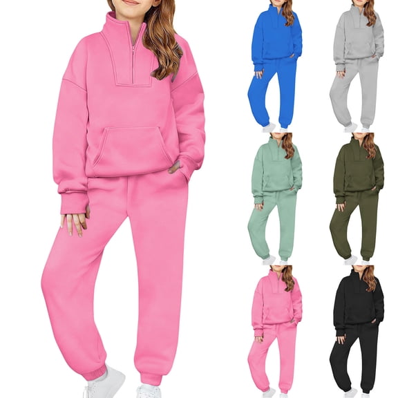 Eltusu Girls Outfit Sets, Zipper Long Sleeve Elastic Bottom Sweatshirts&Sweatpants Sets Hot Pink Size 7-8 T