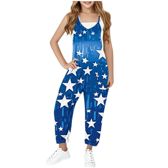 Eltusu Girls Overalls, Casual Stretchy Sleeveless Printed Kids Jumpsuit Romper Blue Size 7-8 T