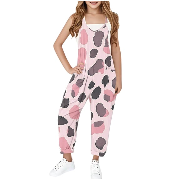Eltusu Girls Overalls, Stretchy Sleeveless Comfort Casual Kids Jumpsuit Romper Pink Size 5-6 T