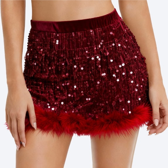 Eltusu Girls Performance Skirts, Elastic Waist A-Line Sequin Fashion Dance Skirts Red Size 6-7T