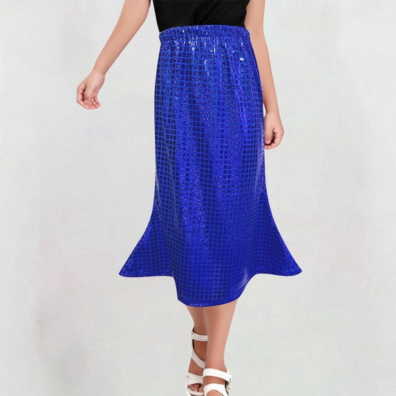 Eltusu Girls Performance Skirts, Sequin Party Elastic Waistband Midi Skirts Dance Skirts Blue Size 13-14 T