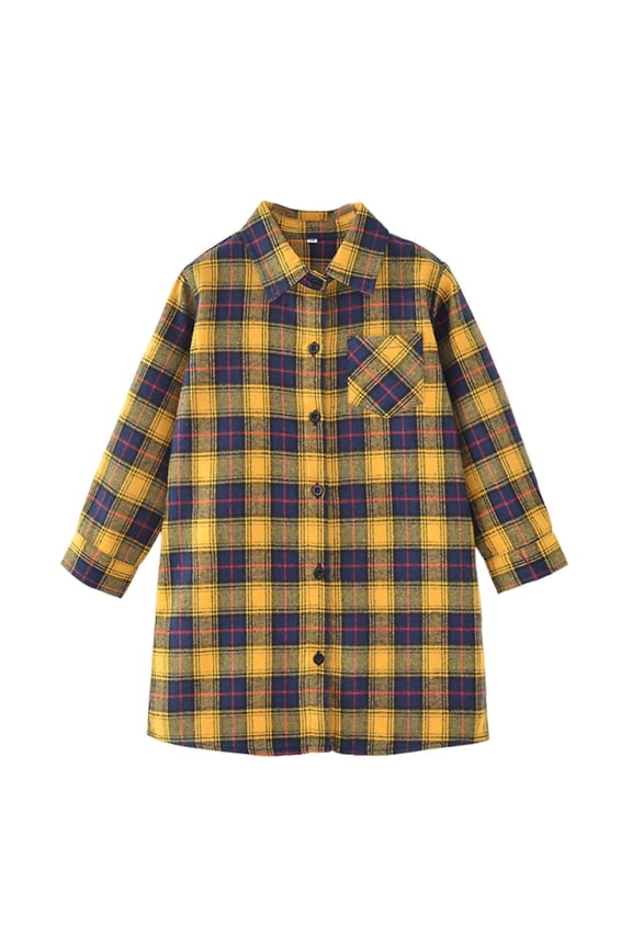 Girls Plaid Shirts, Breathable Cotton Casual Lapel Collar Button-Down Shirts Yellow Size 8-9T
