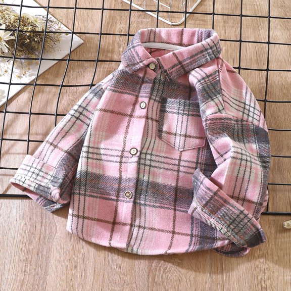Eltusu Girls Plaid Shirts, Button-Up Relaxed Fit Soft Lapel Collar Long Sleeve Shirts Pink Size 5-6 T